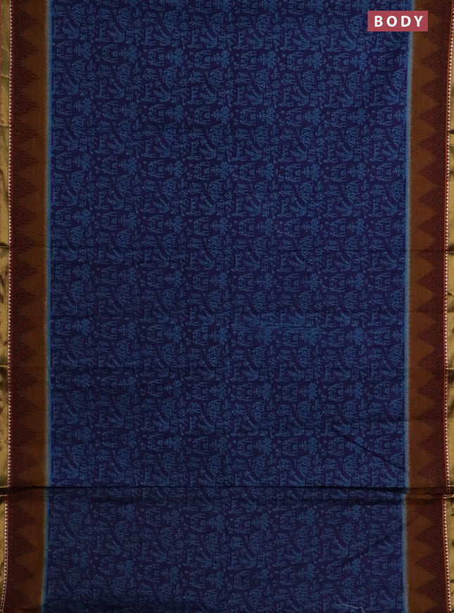 Muslin cotton saree blue and dark mustard with warli prints and woven border