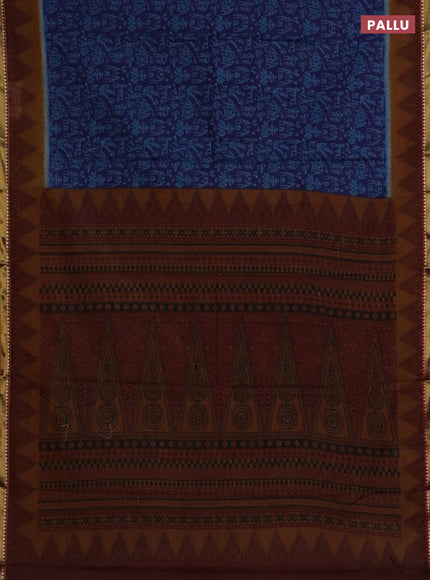 Muslin cotton saree blue and dark mustard with warli prints and woven border