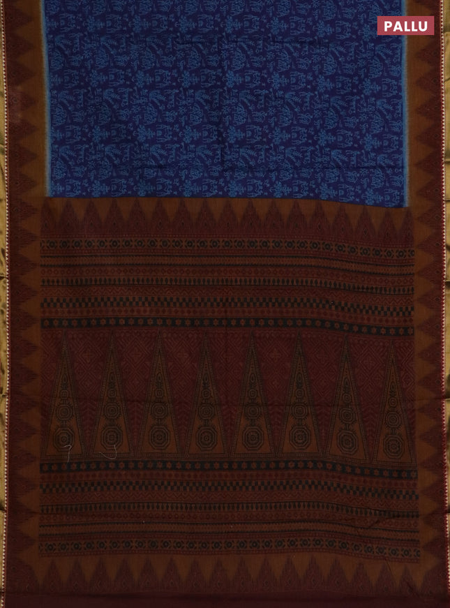 Muslin cotton saree blue and dark mustard with warli prints and woven border