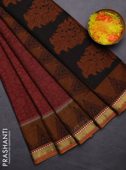 Muslin cotton saree maroon and dark mustard with allover prints and woven border