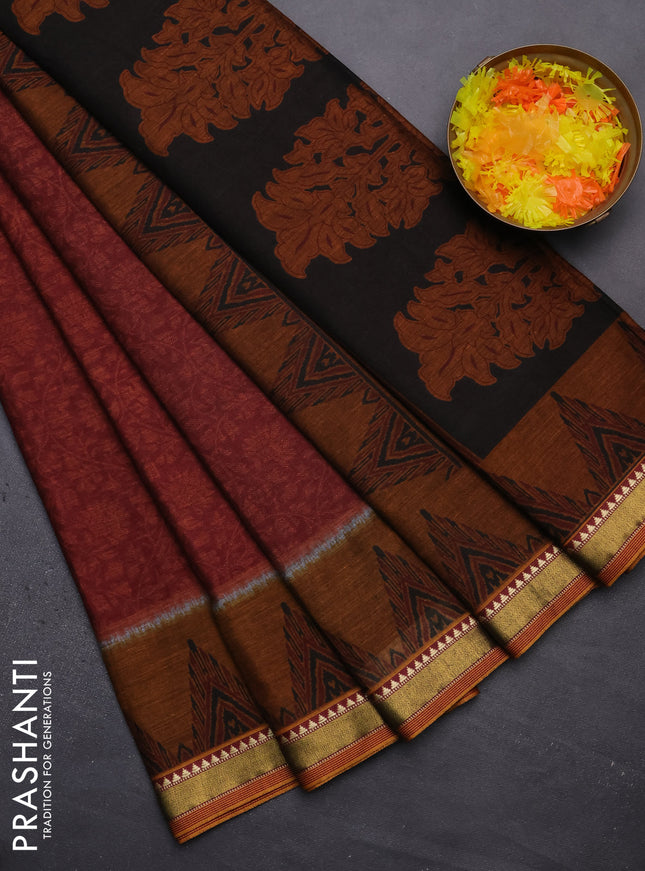 Muslin cotton saree maroon and dark mustard with allover prints and woven border