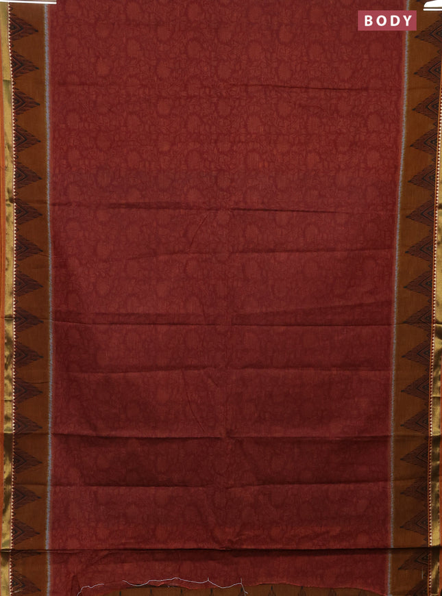 Muslin cotton saree maroon and dark mustard with allover prints and woven border