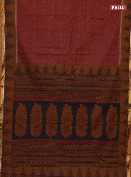 Muslin cotton saree maroon and dark mustard with allover prints and woven border