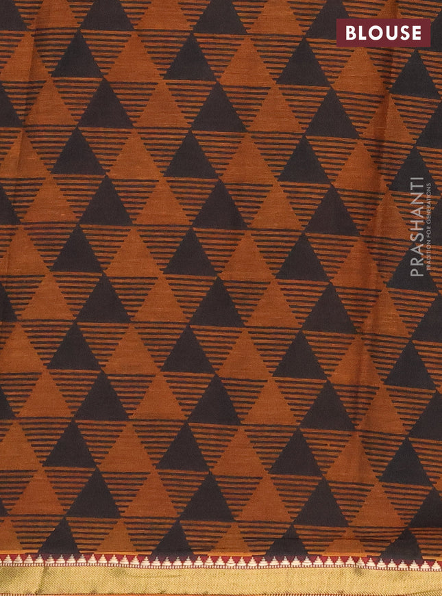 Muslin cotton saree maroon and dark mustard with allover prints and woven border