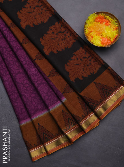 Muslin cotton saree deep purple and dark mustard with allover prints and woven border
