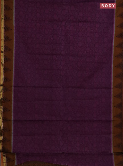 Muslin cotton saree deep purple and dark mustard with allover prints and woven border