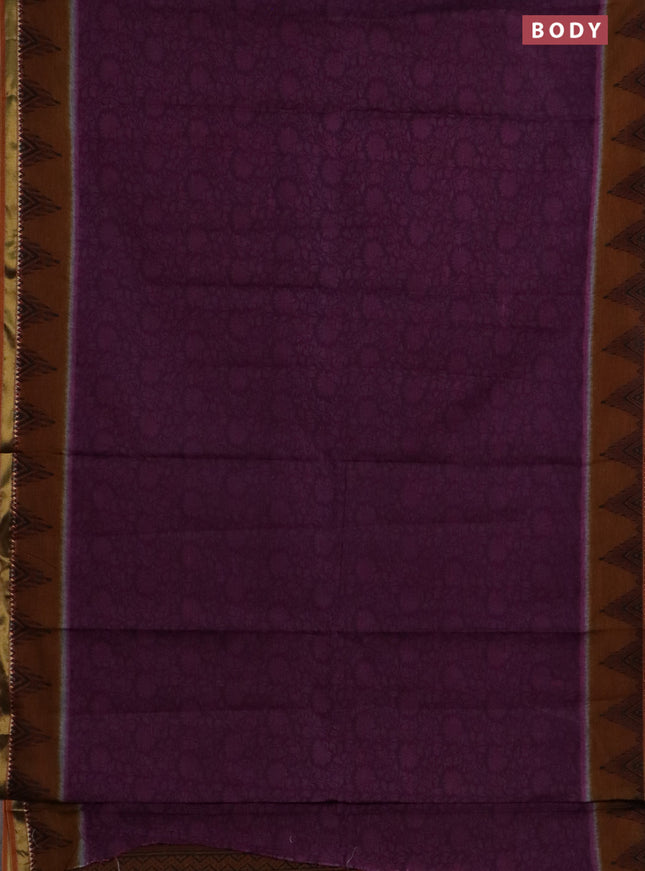 Muslin cotton saree deep purple and dark mustard with allover prints and woven border