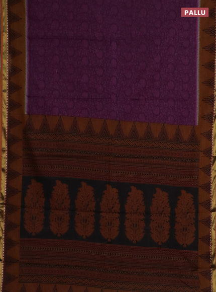 Muslin cotton saree deep purple and dark mustard with allover prints and woven border