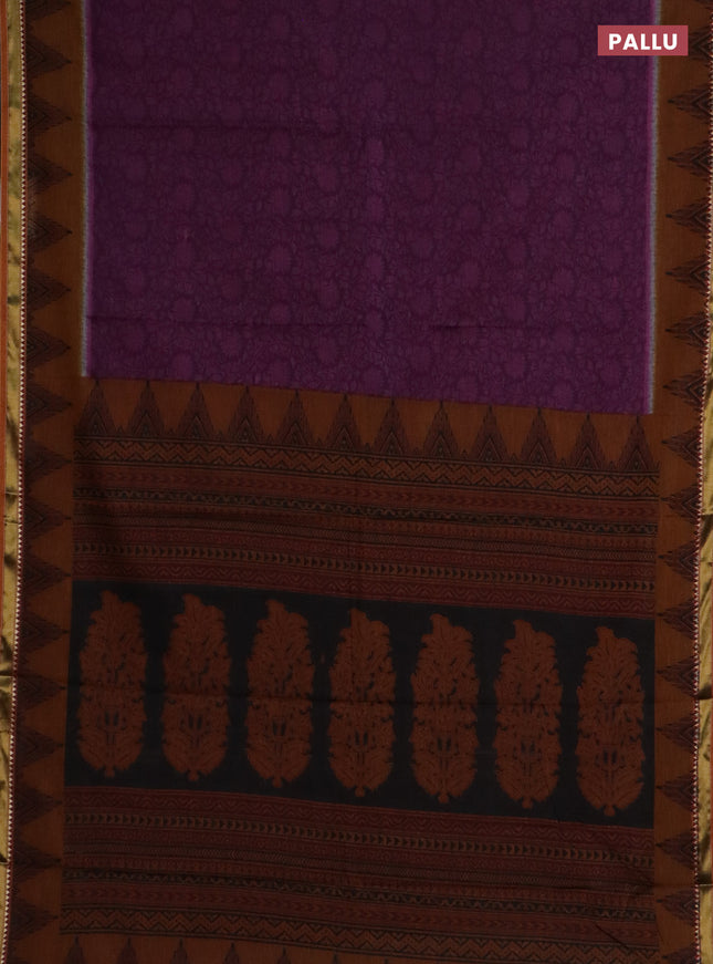 Muslin cotton saree deep purple and dark mustard with allover prints and woven border
