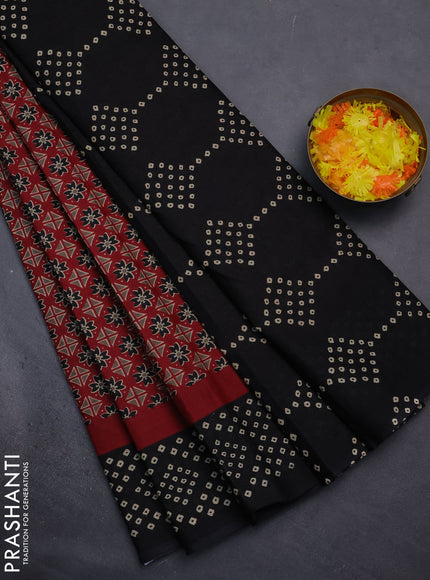 Muslin cotton saree maroon and black with ajrakh prints and printed border