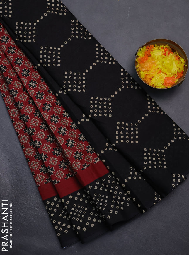 Muslin cotton saree maroon and black with ajrakh prints and printed border