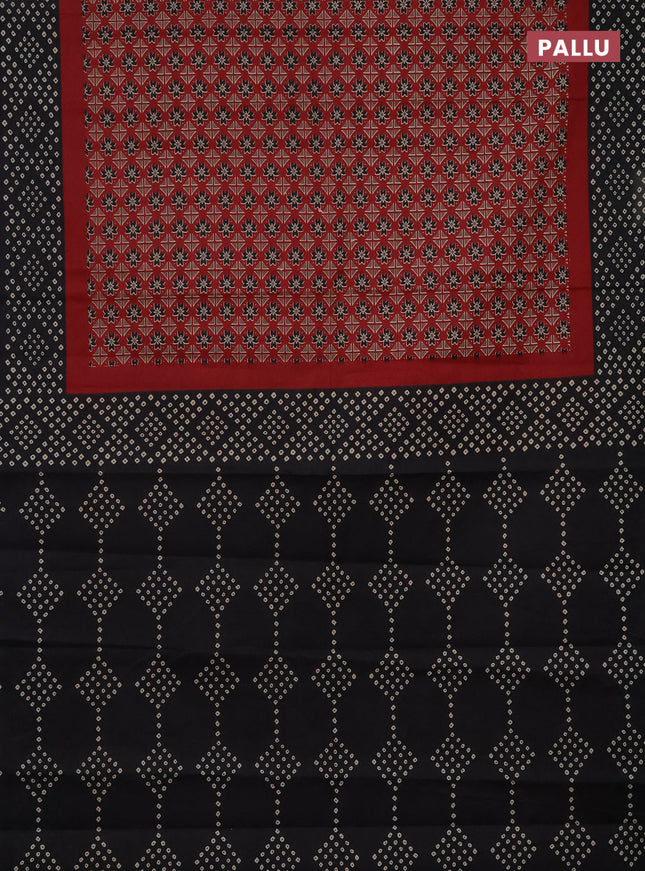 Muslin cotton saree maroon and black with ajrakh prints and printed border