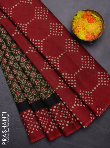 Muslin cotton saree sap green and maroon with ajrakh prints and printed border