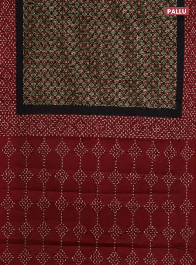 Muslin cotton saree sap green and maroon with ajrakh prints and printed border
