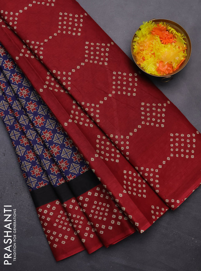 Muslin cotton saree blue and maroon with ajrakh prints and printed border