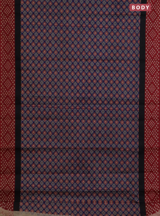 Muslin cotton saree blue and maroon with ajrakh prints and printed border