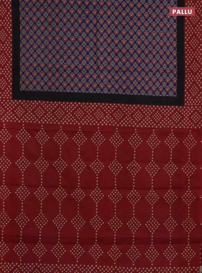 Muslin cotton saree blue and maroon with ajrakh prints and printed border