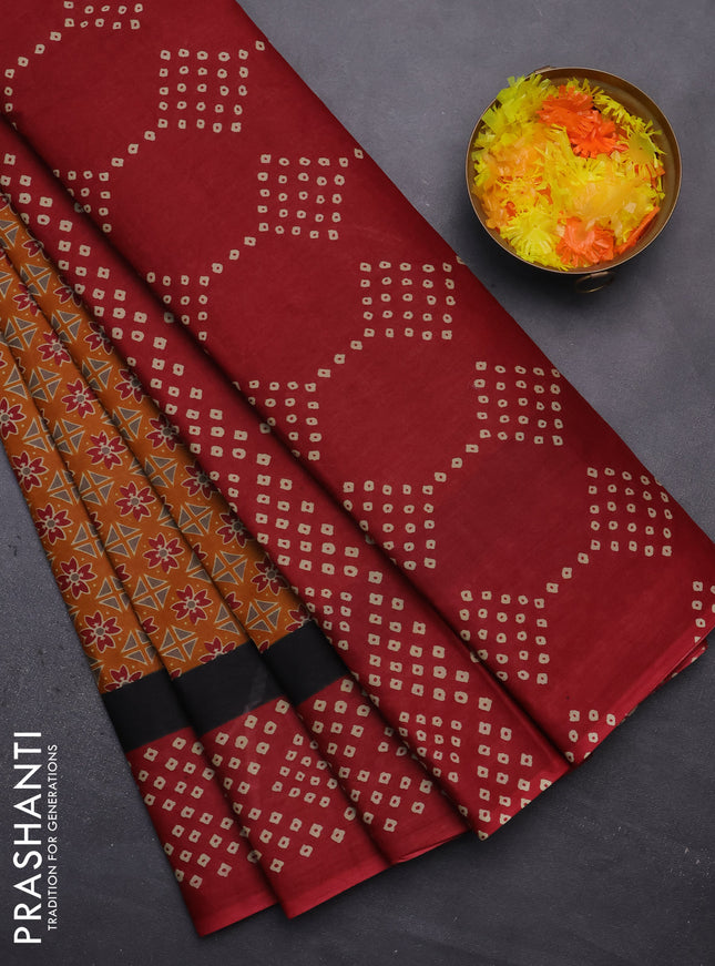 Muslin cotton saree mustard yellow and maroon with ajrakh prints and printed border