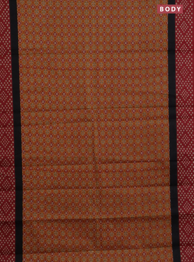 Muslin cotton saree mustard yellow and maroon with ajrakh prints and printed border