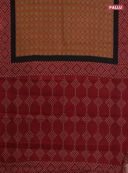 Muslin cotton saree mustard yellow and maroon with ajrakh prints and printed border