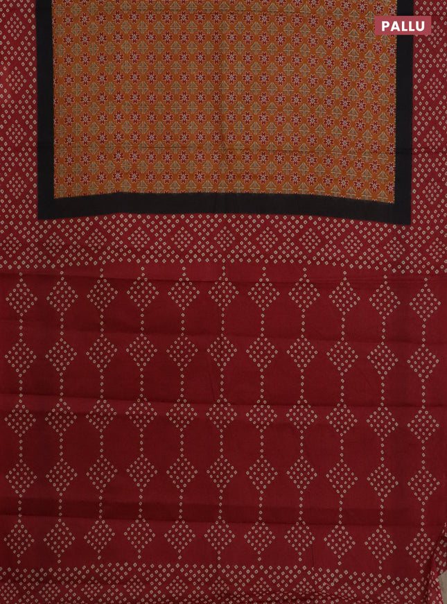 Muslin cotton saree mustard yellow and maroon with ajrakh prints and printed border