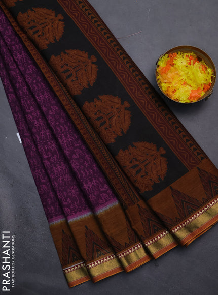 Muslin cotton saree purple and dark mustard with allover warli prints and woven border