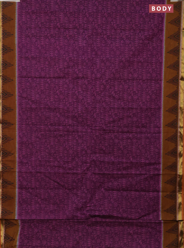 Muslin cotton saree purple and dark mustard with allover warli prints and woven border