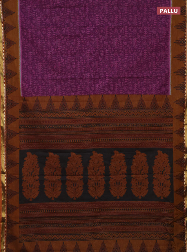 Muslin cotton saree purple and dark mustard with allover warli prints and woven border
