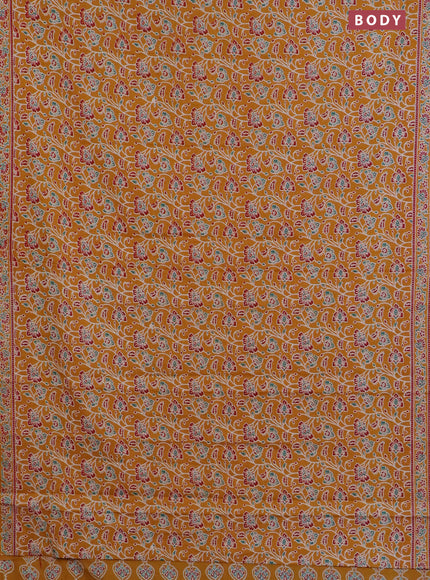 Muslin cotton saree mustard yellow with allover kalamkari prints and printed border