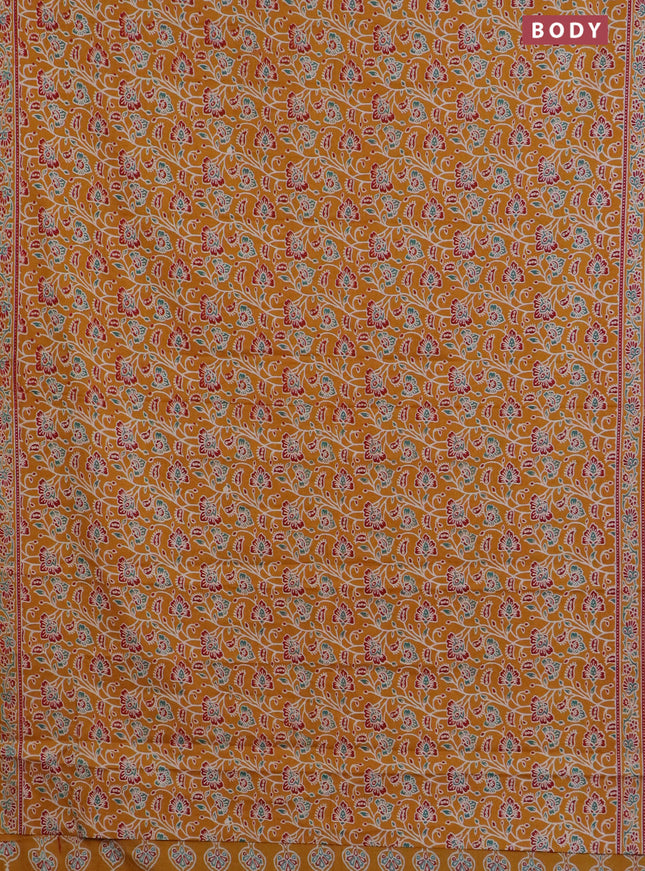 Muslin cotton saree mustard yellow with allover kalamkari prints and printed border