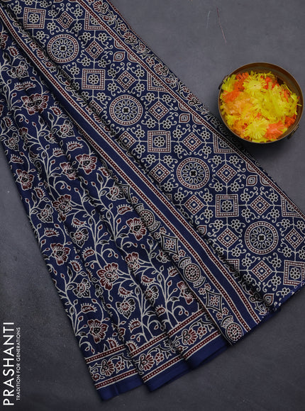 Muslin cotton saree peacock blue with allover kalamkari prints and printed border
