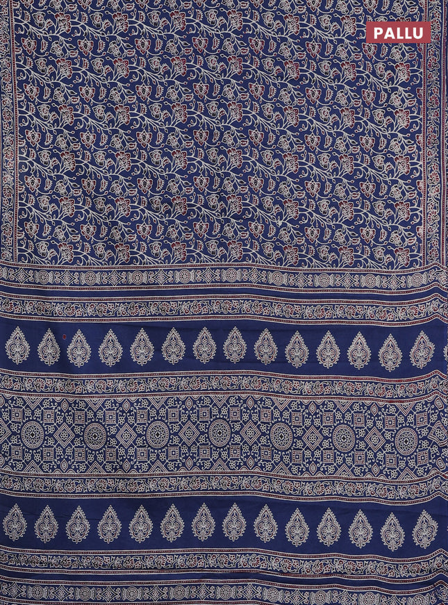 Muslin cotton saree peacock blue with allover kalamkari prints and printed border