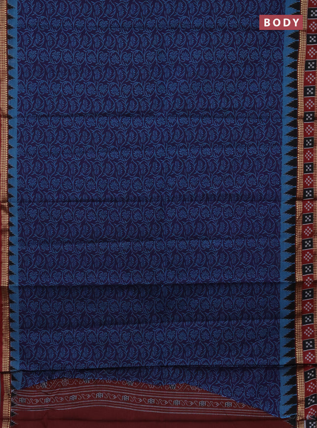 Muslin cotton saree navy blue and maroon with allover prints and woven border