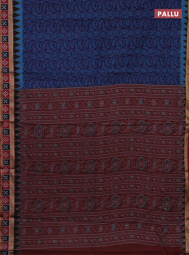 Muslin cotton saree navy blue and maroon with allover prints and woven border