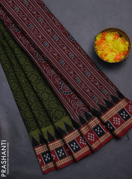 Muslin cotton saree sap green and maroon with allover prints and woven border