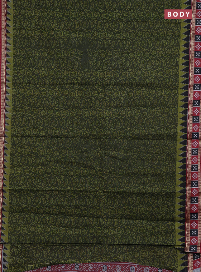 Muslin cotton saree sap green and maroon with allover prints and woven border