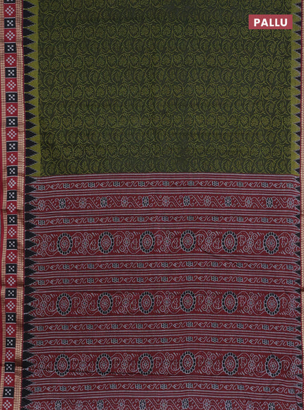 Muslin cotton saree sap green and maroon with allover prints and woven border