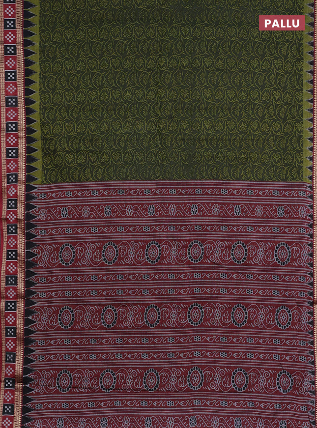Muslin cotton saree sap green and maroon with allover prints and woven border