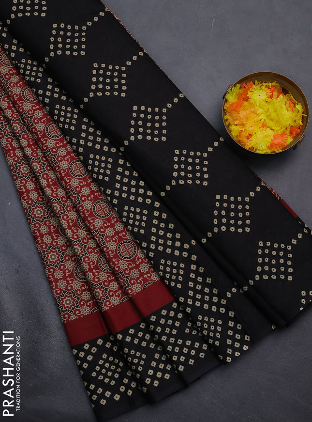 Muslin cotton saree maroon and black with ajrakh prints and printed border