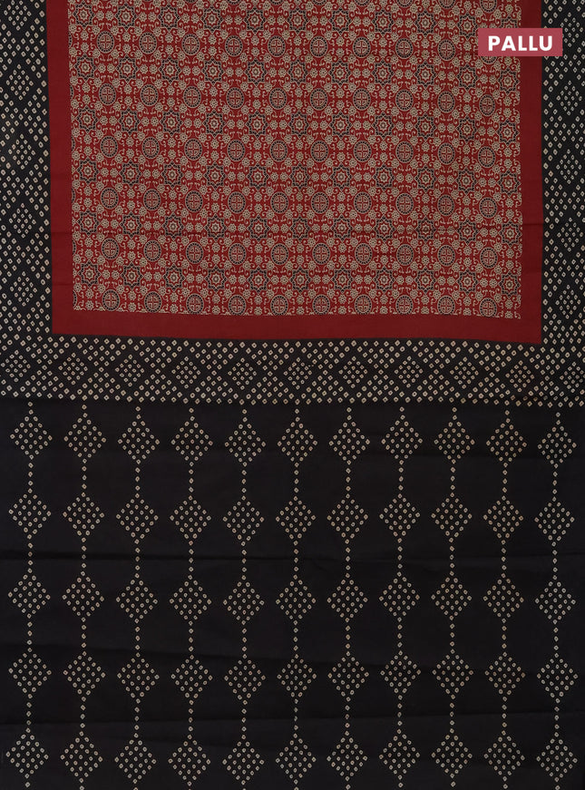 Muslin cotton saree maroon and black with ajrakh prints and printed border