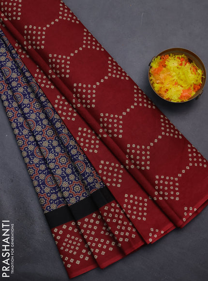 Muslin cotton saree navy blue and maroon with ajrakh prints and printed border