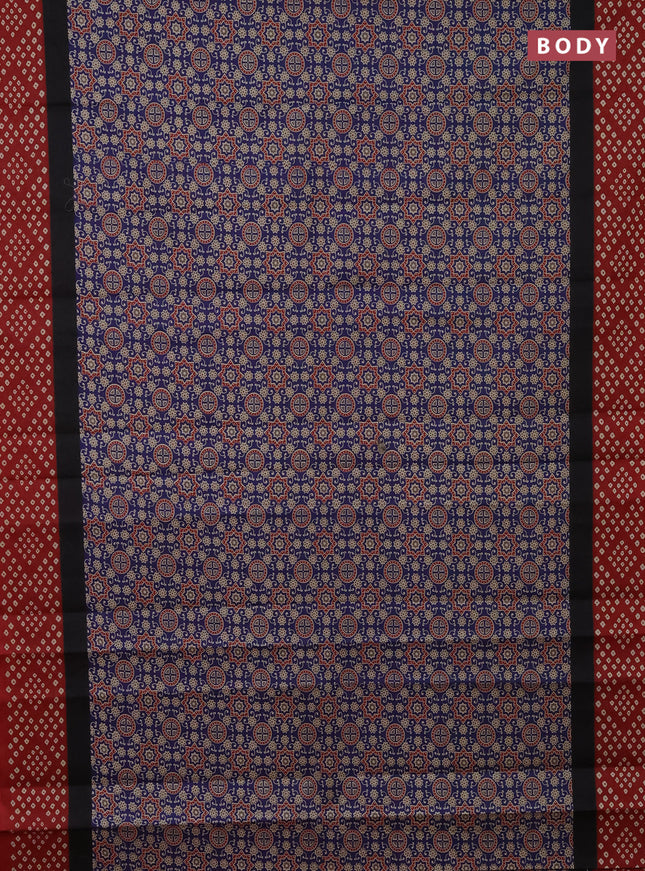 Muslin cotton saree navy blue and maroon with ajrakh prints and printed border