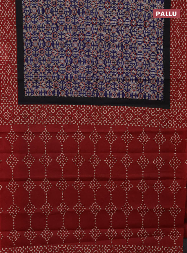 Muslin cotton saree navy blue and maroon with ajrakh prints and printed border