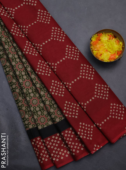 Muslin cotton saree sap green and maroon with ajrakh prints and printed border