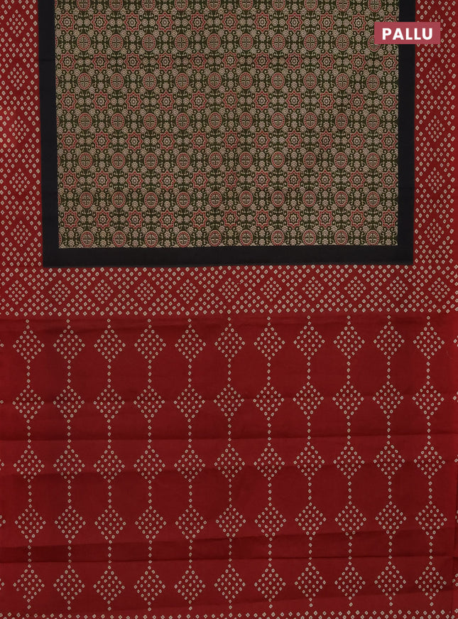 Muslin cotton saree sap green and maroon with ajrakh prints and printed border
