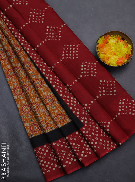 Muslin cotton saree mustard yellow and maroon with ajrakh prints and printed border