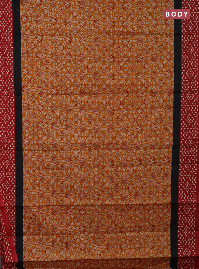Muslin cotton saree mustard yellow and maroon with ajrakh prints and printed border