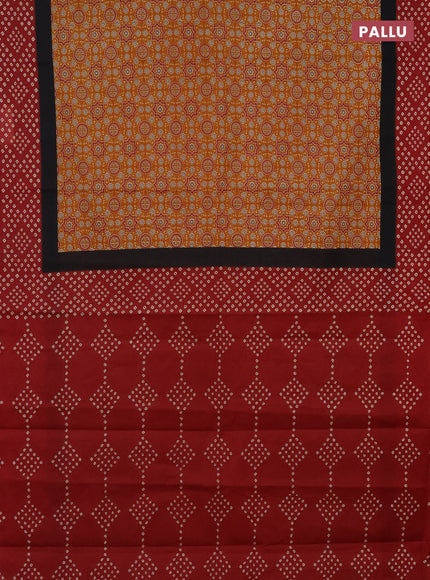 Muslin cotton saree mustard yellow and maroon with ajrakh prints and printed border