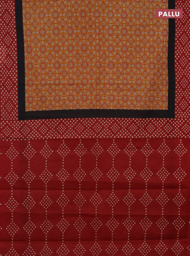 Muslin cotton saree mustard yellow and maroon with ajrakh prints and printed border