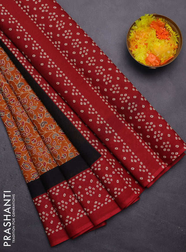 Muslin cotton saree mustard yellow and maroon with kalamkari prints and printed border